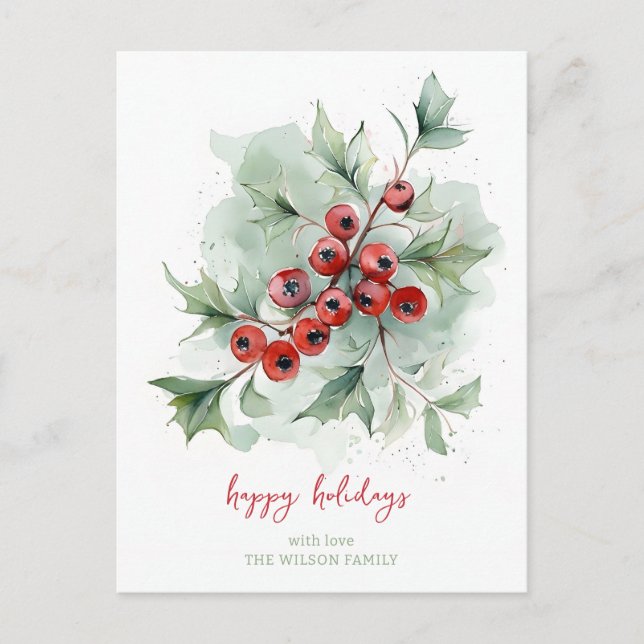 Cartes Pour Fêtes Annuelles Red Berries Botanical Watercolor Christmas (Devant)