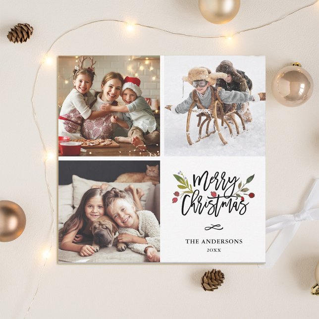 Cartes Pour Fêtes Annuelles Red Berries Joyeux Noël Carré Photo (Créateur téléchargé)