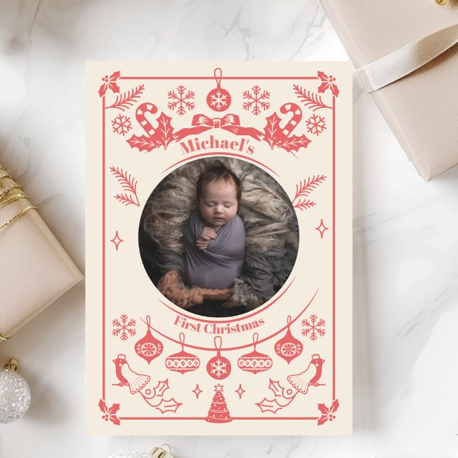 Cartes Pour Fêtes Annuelles Red Berry Baby Boy Premier Noël (Créateur téléchargé)