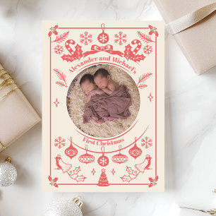 Cartes Pour Fêtes Annuelles Red Berry Twins Baby First Christmas