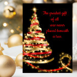 Cartes Pour Fêtes Annuelles Red Black Gold Christian Christmas Card<br><div class="desc">Carte de Noël chrétienne avec beau ruban rouge et or arbre de Noël sur un élégant arrière - plan noir. Cette belle carte de Noël chrétienne noire rouge et or est facilement customisée avec votre nom ou votre nom de famille, ou vous pouvez laisser tel quel et ajouter votre message...</div>