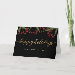 Cartes Pour Fêtes Annuelles Red Black & Gold Happy Holiday Script foliage
