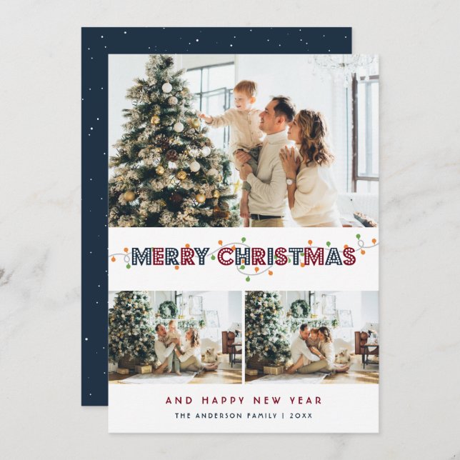 Cartes Pour Fêtes Annuelles Red Blue Christmas Lights 3 Photo Collage (Devant / Derrière)