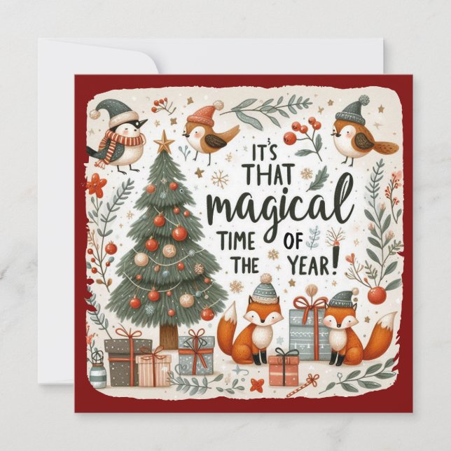 Cartes Pour Fêtes Annuelles Red border Cute Christmas forest robins and foxes  (Devant)