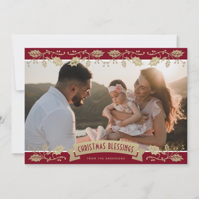 Cartes Pour Fêtes Annuelles Red Botanical Photo Christmas Blessings Christian (Devant)