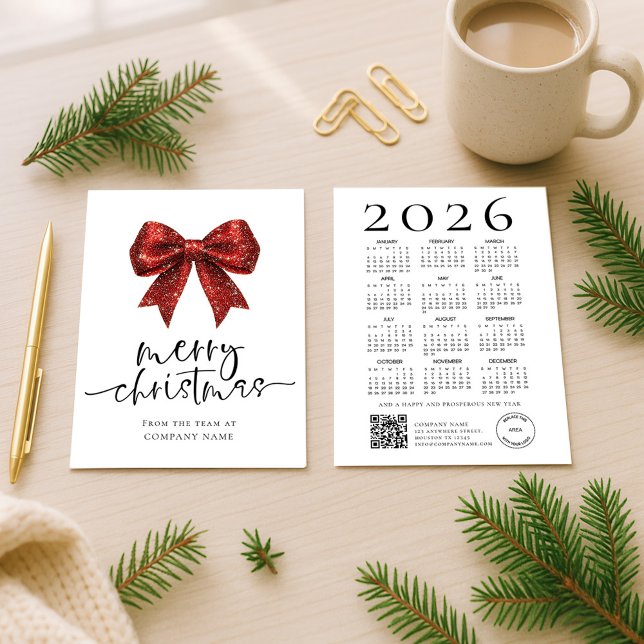 Cartes Pour Fêtes Annuelles Red Bow Company logo 2026 Calendar Merry Christmas (Front and back view)