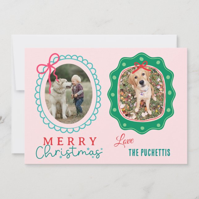Cartes Pour Fêtes Annuelles Red Bow Deux cadres photo Noël (Devant)