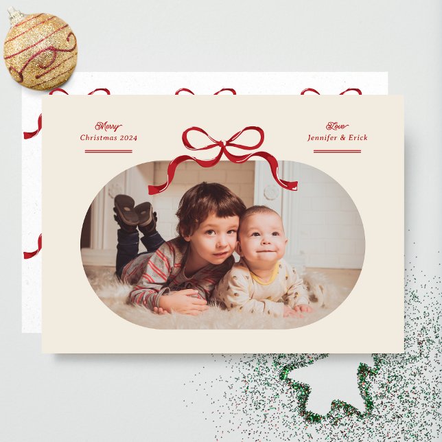 Cartes Pour Fêtes Annuelles Red Bow Merriest Christmas Oval Photo Flat (Créateur téléchargé)