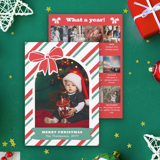 Cartes Pour Fêtes Annuelles Red Bow & Stripes Year In Review Merry Christmas (Créateur téléchargé)