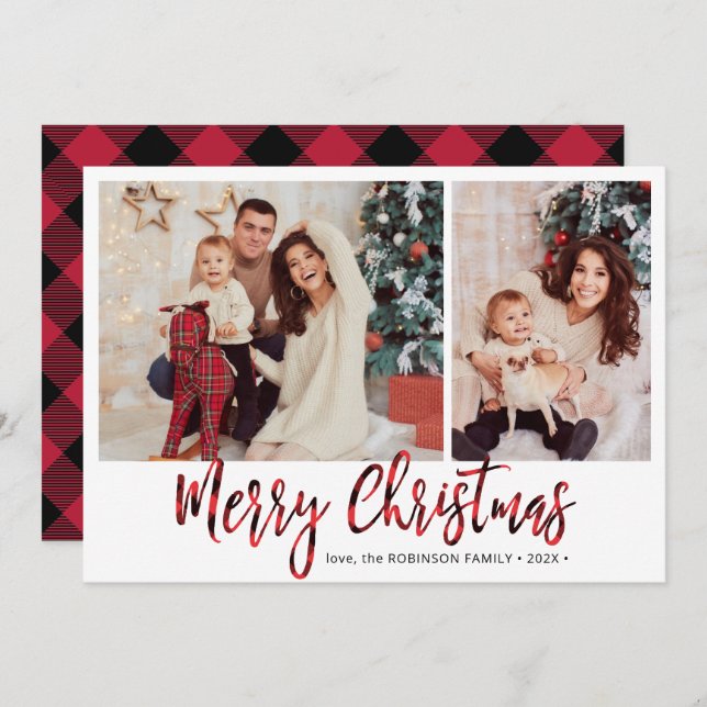 Cartes Pour Fêtes Annuelles Red Buffalo Plaid 2 Photo Collage Noël (Devant / Derrière)
