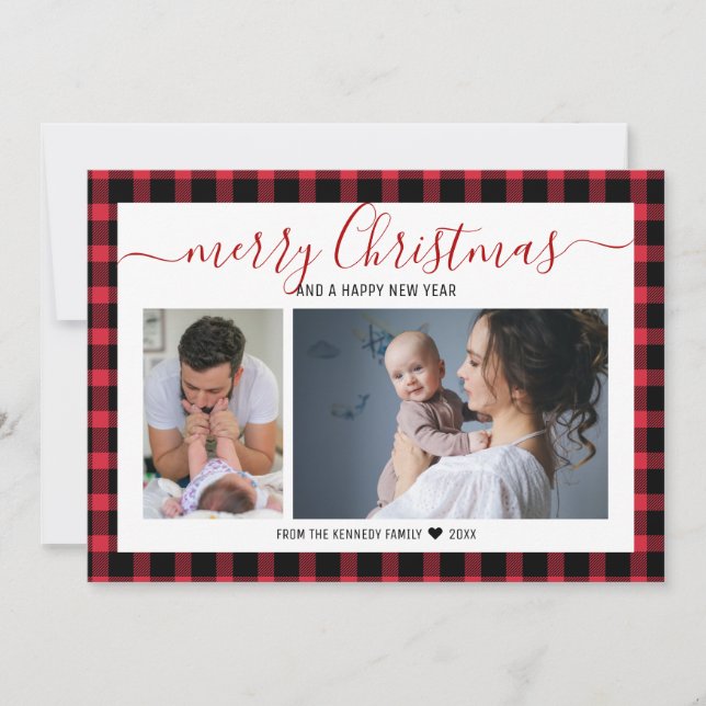 Cartes Pour Fêtes Annuelles Red Buffalo Plaid 2 Photo Joyeux Noël (Devant)