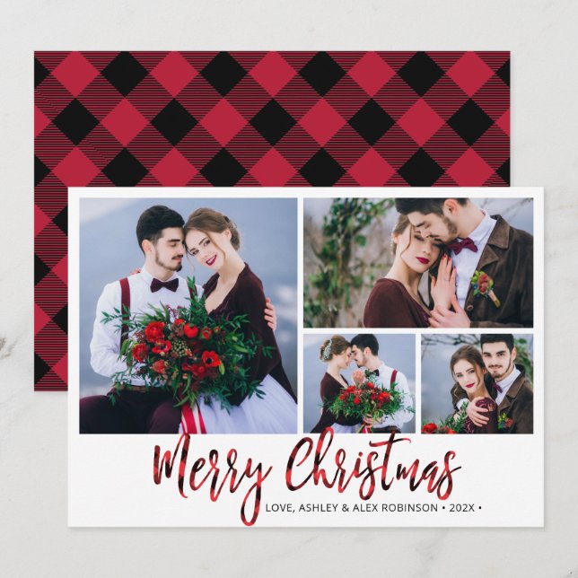 Cartes Pour Fêtes Annuelles Red Buffalo Plaid 4 Photo Collage Noël (Devant / Derrière)