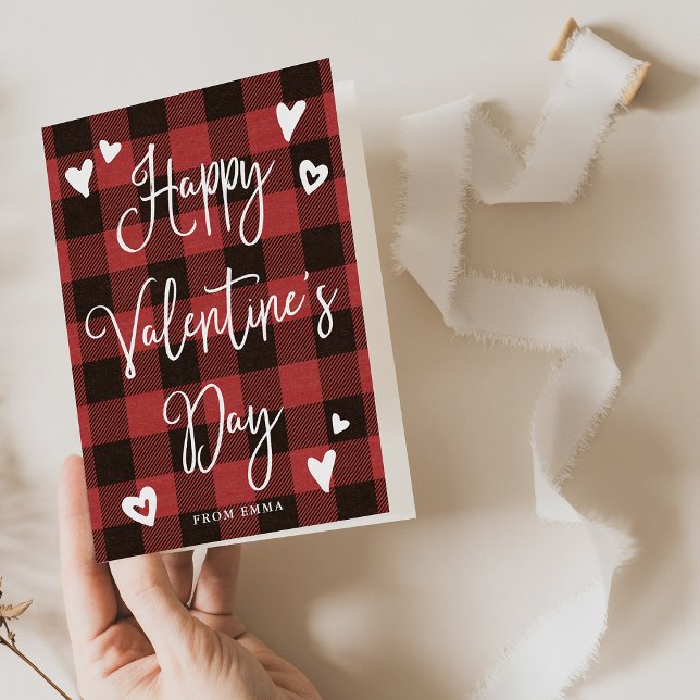 Cartes Pour Fêtes Annuelles Red Buffalo Plaid and Hearts Joyeux Valentines Day (A stylish and rustic Valentine's Day card)