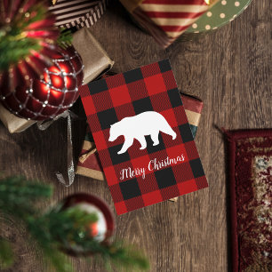 Cartes Pour Fêtes Annuelles Red Buffalo Plaid & Bear Nom personnel Cadeau