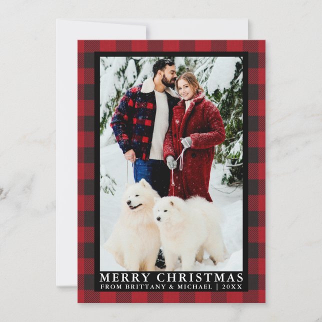Cartes Pour Fêtes Annuelles Red Buffalo Plaid Couple Photo Joyeux Noël (Devant)