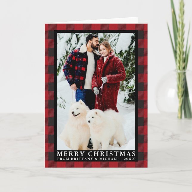 Cartes Pour Fêtes Annuelles Red Buffalo Plaid Couple Photo Plier Noël (Devant)