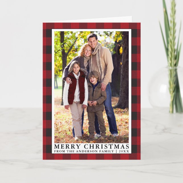 Cartes Pour Fêtes Annuelles Red Buffalo Plaid Famille de Noël Plier Photo (Devant)