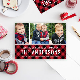 Cartes Pour Fêtes Annuelles Red Buffalo Plaid Family Photo Collage