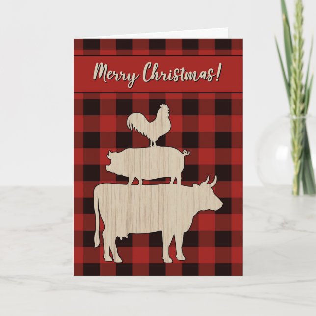 Cartes Pour Fêtes Annuelles Red Buffalo Plaid Farm Animaux, Noël (Devant)