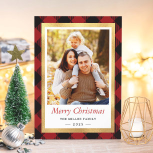 Cartes Pour Fêtes Annuelles Red Buffalo Plaid Gold Frame Joyeux Noël Photo