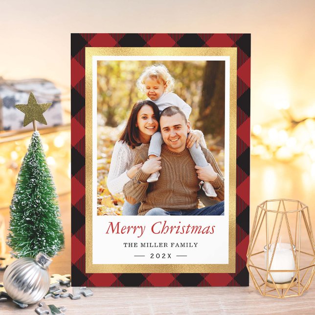 Cartes Pour Fêtes Annuelles Red Buffalo Plaid Gold Frame Joyeux Noël Photo (Créateur téléchargé)