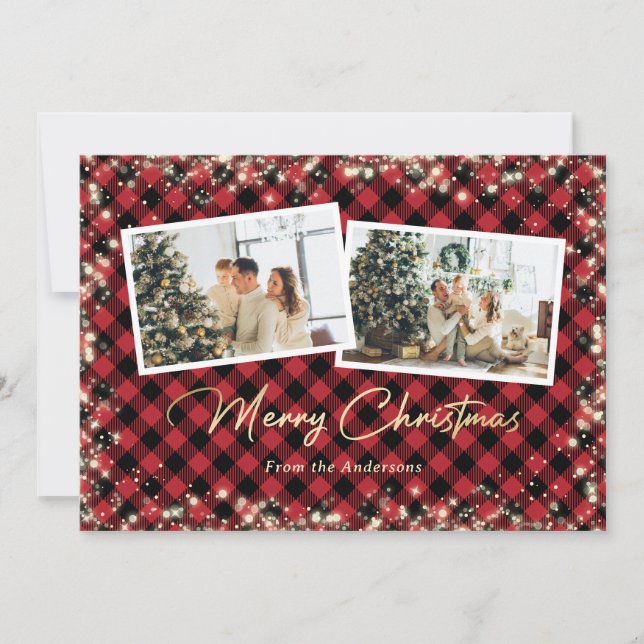 Cartes Pour Fêtes Annuelles Red Buffalo Plaid Gold Photo Noël (Devant)