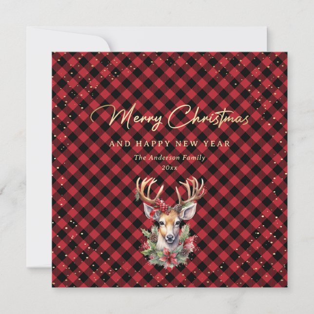 Cartes Pour Fêtes Annuelles Red Buffalo Plaid Gold Reindeen neige Noël (Devant)