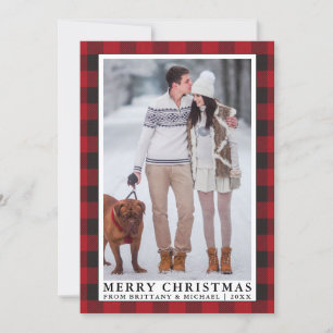 Cartes Pour Fêtes Annuelles Red Buffalo Plaid Joyeux Noël Couple Photo