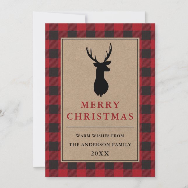 Cartes Pour Fêtes Annuelles Red Buffalo Plaid Joyeux Noël Deer Kraft (Devant)