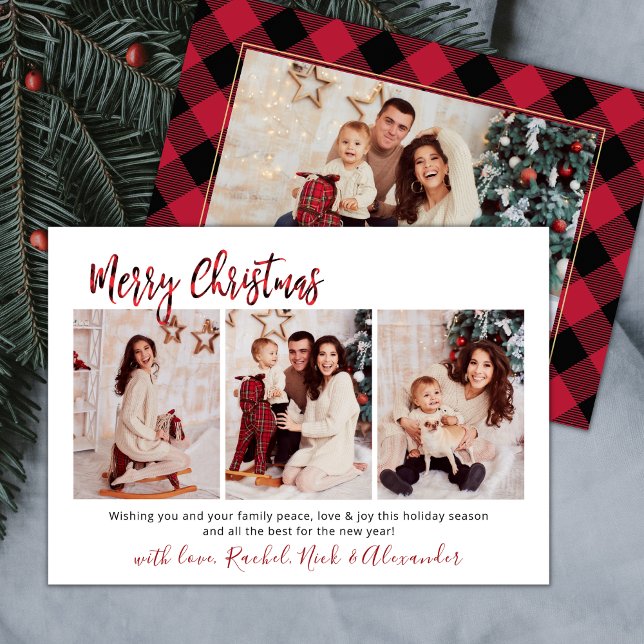 Cartes Pour Fêtes Annuelles Red Buffalo Plaid Modern 3 Multi Photo Noël (Créateur téléchargé)