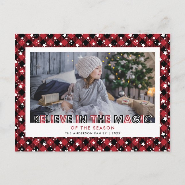 Cartes Pour Fêtes Annuelles Red Buffalo Plaid Neige Stars Croire Photo (Devant)
