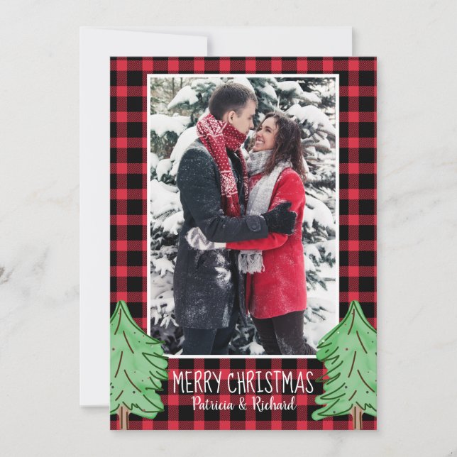 Cartes Pour Fêtes Annuelles Red Buffalo Plaid Pine Tree Joyeux Noël Photo (Devant)