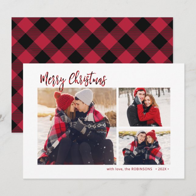 Cartes Pour Fêtes Annuelles Red Buffalo Plaid Russe 3 Multi Photo Noël (Devant / Derrière)