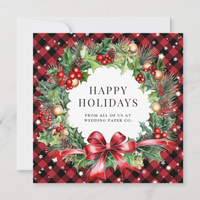 Cartes Pour Fêtes Annuelles Red Buffalo Plaid Stars Holly Berries Business (Devant)