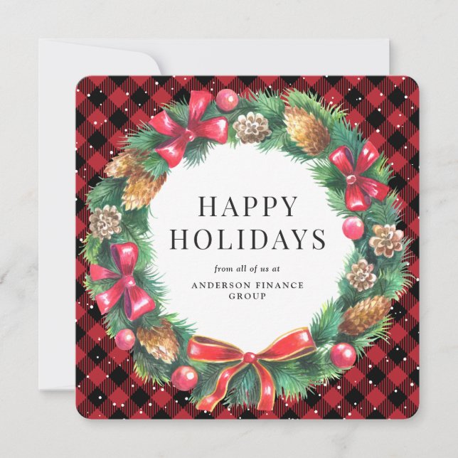 Cartes Pour Fêtes Annuelles Red Buffalo Plaid Wreath Entreprise (Devant)