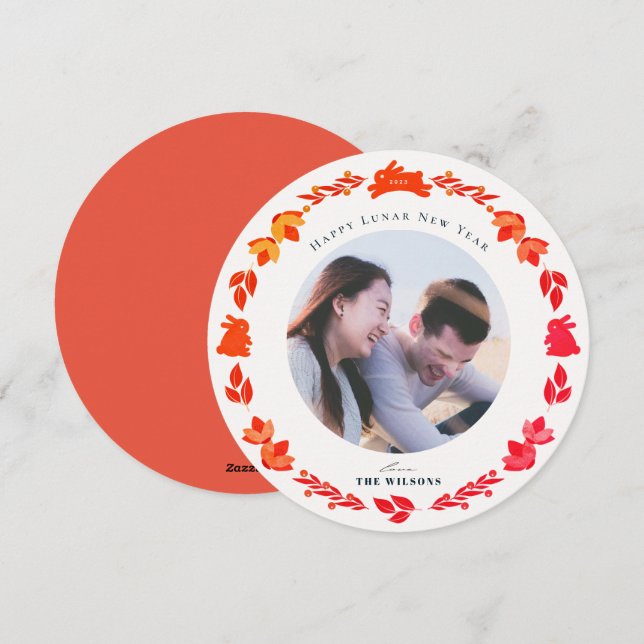 Cartes Pour Fêtes Annuelles Red Bunny Folk Art Photo Nouvel An Chinois (Devant / Derrière)