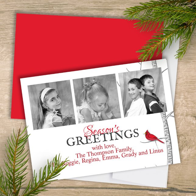 Cartes Pour Fêtes Annuelles Red Cardinal Woodland Winter Tree Multi Photo (Winter botanical red cardinal three-photo greeting card template. )