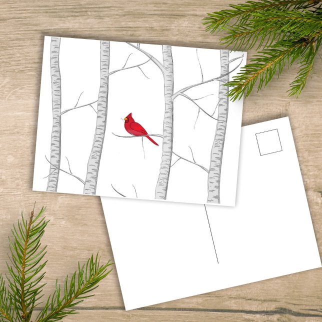 Cartes Pour Fêtes Annuelles Red Cardinal Woodland Winter Tree Rustic Country (Simple winter botanical red cardinal postcard with a minimalist design.)