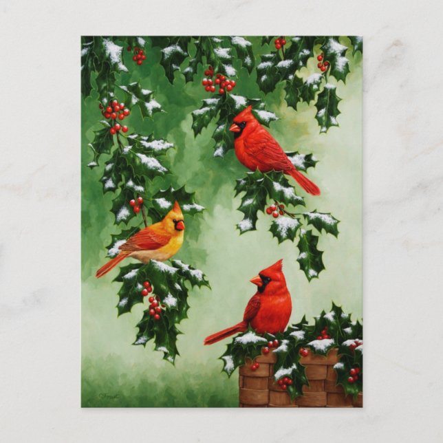 Cartes Pour Fêtes Annuelles Red Cardinals and Christmas Holly (Devant)