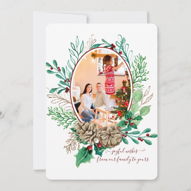 Cartes Pour Fêtes Annuelles Red Christmas Holly Berry Pine Cone Wreath avec ph (Devant)