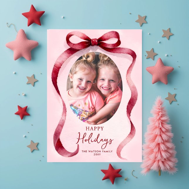 Cartes Pour Fêtes Annuelles Red Christmas Photo Bow Ribbon  (Cute Red Christmas 4 Photo Bow Ribbon Holiday Card)