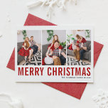 Cartes Pour Fêtes Annuelles Red Classic Typography Photo Collage Noël<br><div class="desc">Joyeux Noël! Envoyez vos souhaits chaleureux cette saison avec cette carte de collage photo de Noël personnalisable. Il est doté d'une typographie simple. Personnalisez en ajoutant trois photos,  noms,  année et autres détails. Cette carte de Noël moderne est disponible en d'autres couleurs et en carton.</div>
