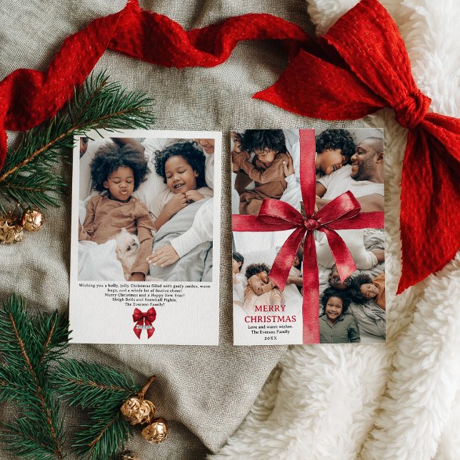 Cartes Pour Fêtes Annuelles Red Coquette Bow Christmas Winter 5 Photo (Red Coquette Bow Christmas Winter 5 Photo Holiday Card)