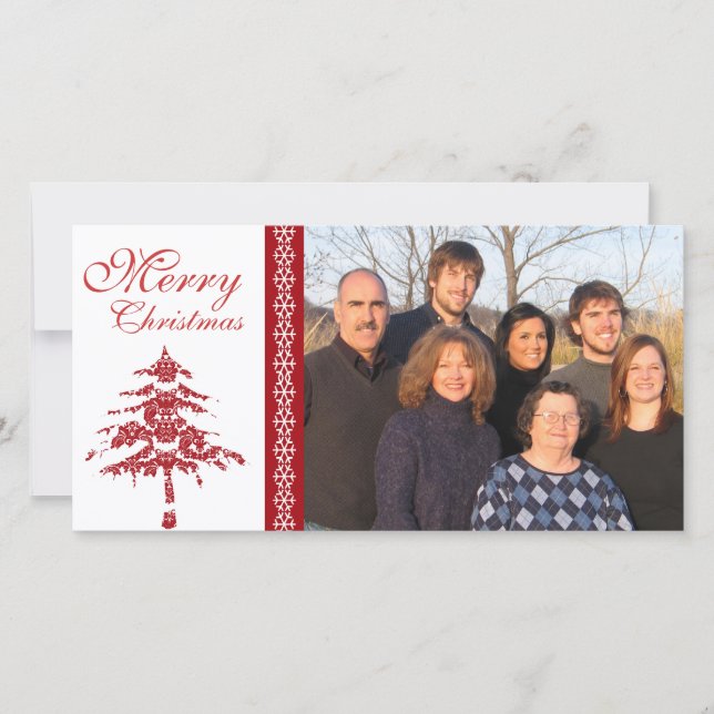 Cartes Pour Fêtes Annuelles Red Damask Tree & Snowflakes Joyeux Noël (Devant)