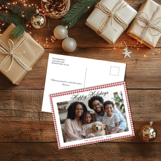 Cartes Pour Fêtes Annuelles Red En vichy Holiday Photo (Vintage Red Gingham Holiday Photo Post Card)