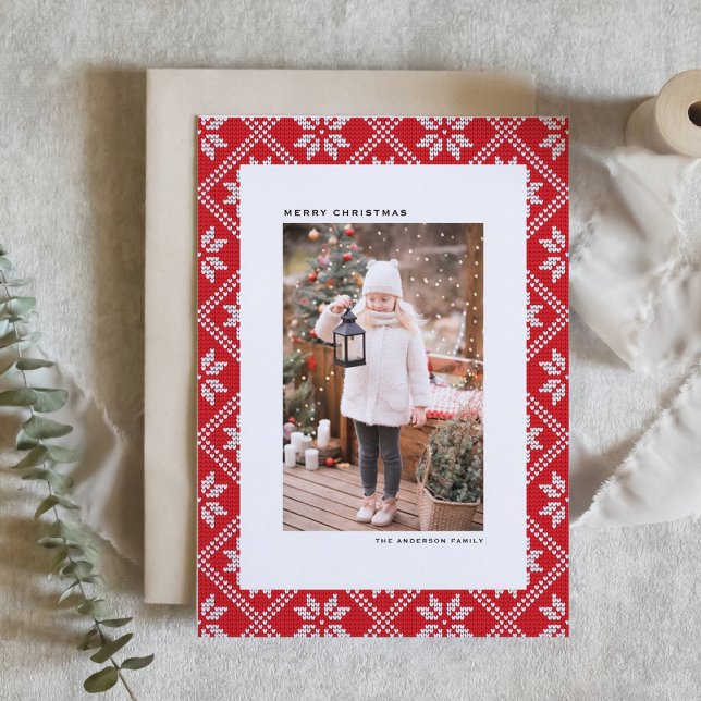 Cartes Pour Fêtes Annuelles Red Fair Isle Knit Motif Photo Noël (Red Fair Isle Knit Pattern Photo Christmas Holiday Card)