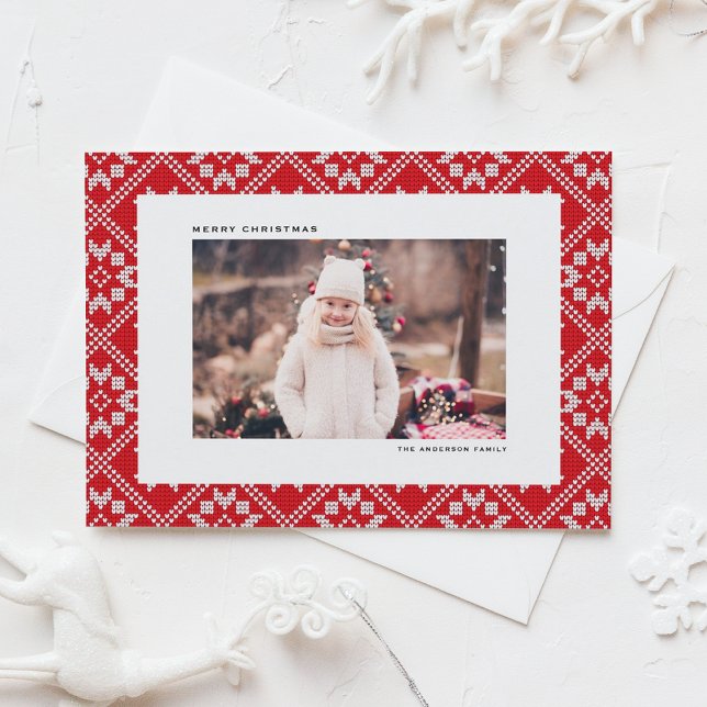 Cartes Pour Fêtes Annuelles Red Fair Isle Winter Knit Motif Photo Noël (Red Fair Isle Winter Knit Pattern Photo Christmas Holiday Card)