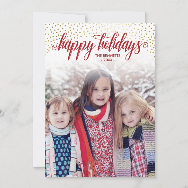 Cartes Pour Fêtes Annuelles Red & Faux Gold Confetti - Happy Holidays Photo (Devant)