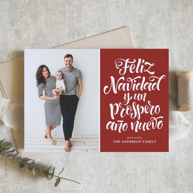Cartes Pour Fêtes Annuelles Red Feliz Navidad Script Photo de Noël (Créateur téléchargé)