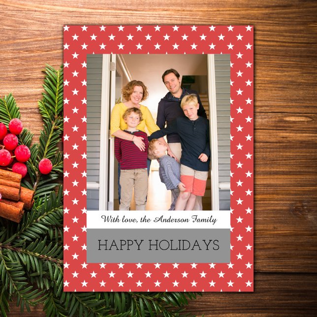 Cartes Pour Fêtes Annuelles Red Festive Stars Holiday Photo Flat Card (Red Festive Stars Holiday Photo Card)